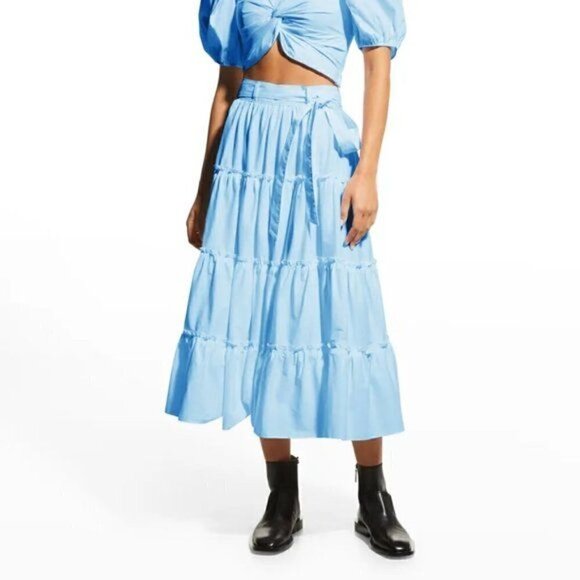 NWT CINQ À SEPT Jackie Belted Tiered Midi Skirt, Size 4, Celeste Blue - Picture 15 of 16